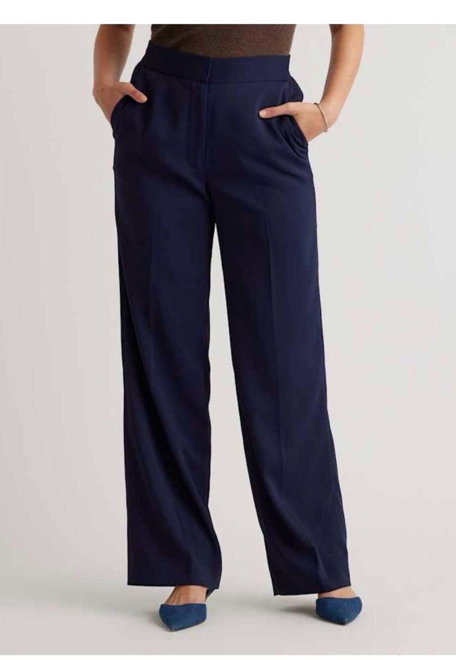 Quince Navy Stretch Crepe Pleated Wide Leg Pants Size 14